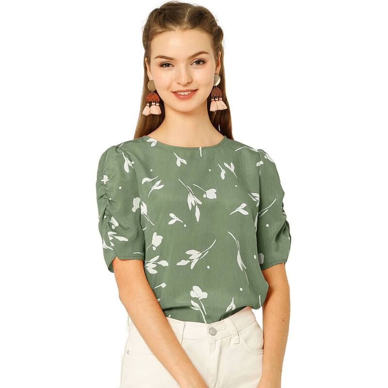 アレグラ ケー レディース トップス シャツ クルーネック フラワー柄 ブラウス フラワー ALLEGRA K Women's Floral Crew Neck Casual Shirred Short Sleeve Blouse Green グリーン 9,225円