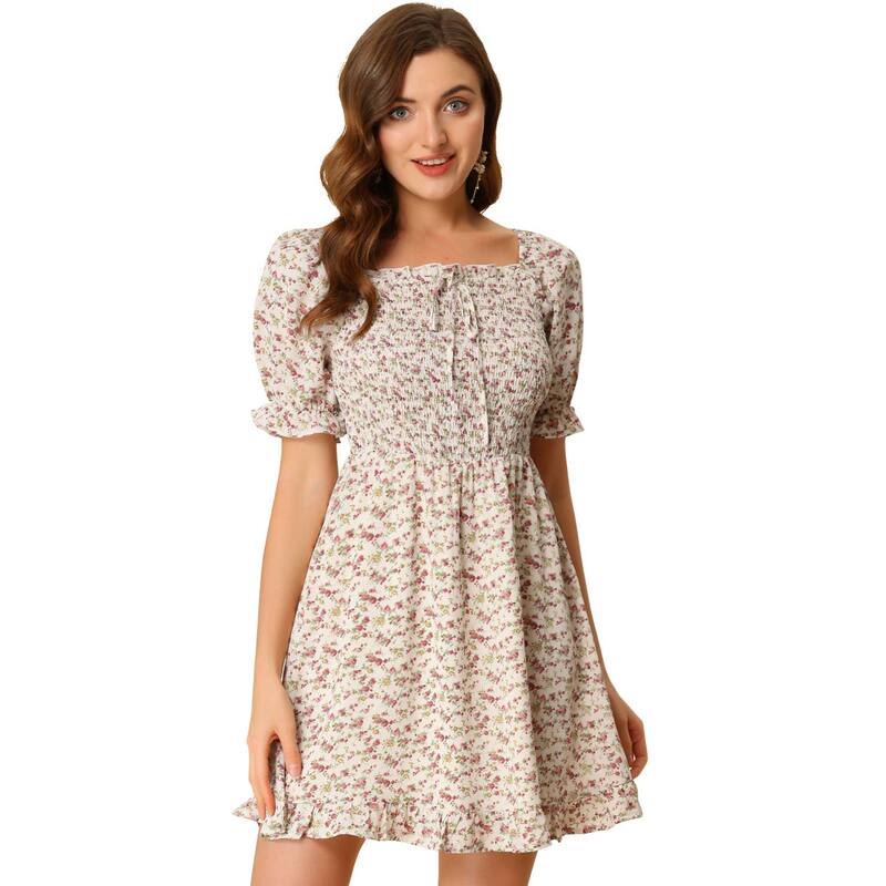 アレグラ ケー レディース トップス ワンピース フラワー柄 フリル シャーリング フラワー ALLEGRA K Women's Puffy Sleeve Back Smocked Sweetheart Neck Floral Ruffled Hem Dress Beige ベージュ｜ReVida 店