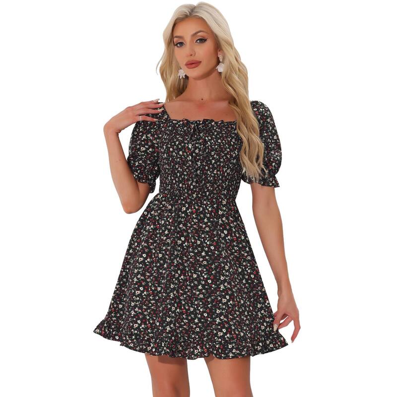 アレグラ ケー レディース トップス ワンピース フラワー柄 フリル シャーリング フラワー ALLEGRA K Women's Puffy Sleeve Back Smocked Sweetheart Neck Floral Ruffled Hem Dress Black Red Floral ブラック