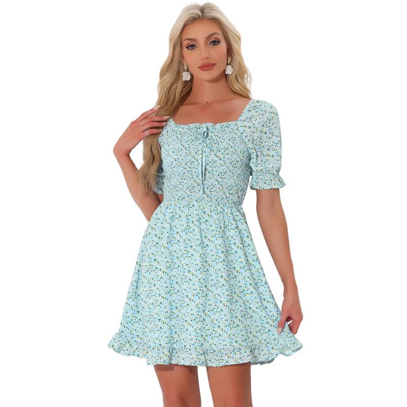 アレグラ ケー レディース トップス ワンピース フラワー柄 フリル シャーリング フラワー ALLEGRA K Women's Puffy Sleeve Back Smocked Sweetheart Neck Floral Ruffled Hem Dress Light Blue ブルー|ReVida 店