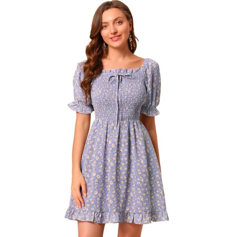 アレグラ ケー レディース トップス ワンピース フラワー柄 フリル シャーリング フラワー ALLEGRA K Women's Puffy Sleeve Back Smocked Sweetheart Neck Floral Ruffled Hem Dress Purple パープル