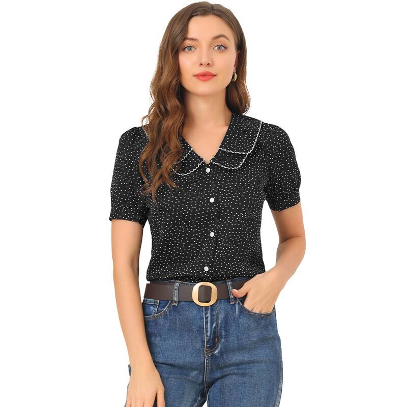 アレグラ ケー レディース トップス シャツ ドット ALLEGRA K Women's Polka Dots Peter Pan Collar Short Sleeve Summer Shirtop Black ブラック|ReVida 店