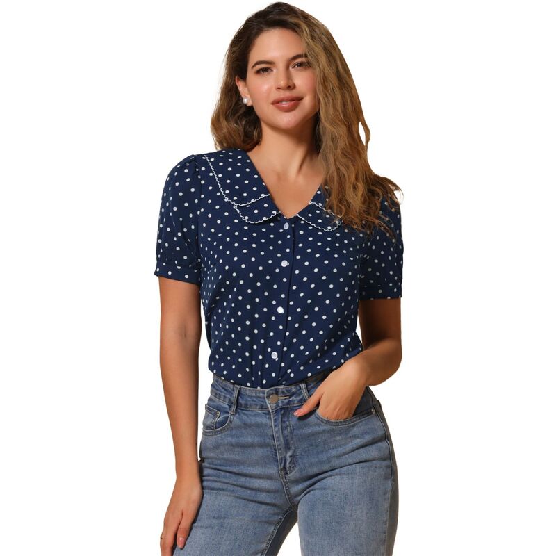アレグラ ケー レディース トップス シャツ ドット ALLEGRA K Women's Polka Dots Peter Pan Collar Short Sleeve Summer Shirtop Dark Blue ブルー｜ReVida 店