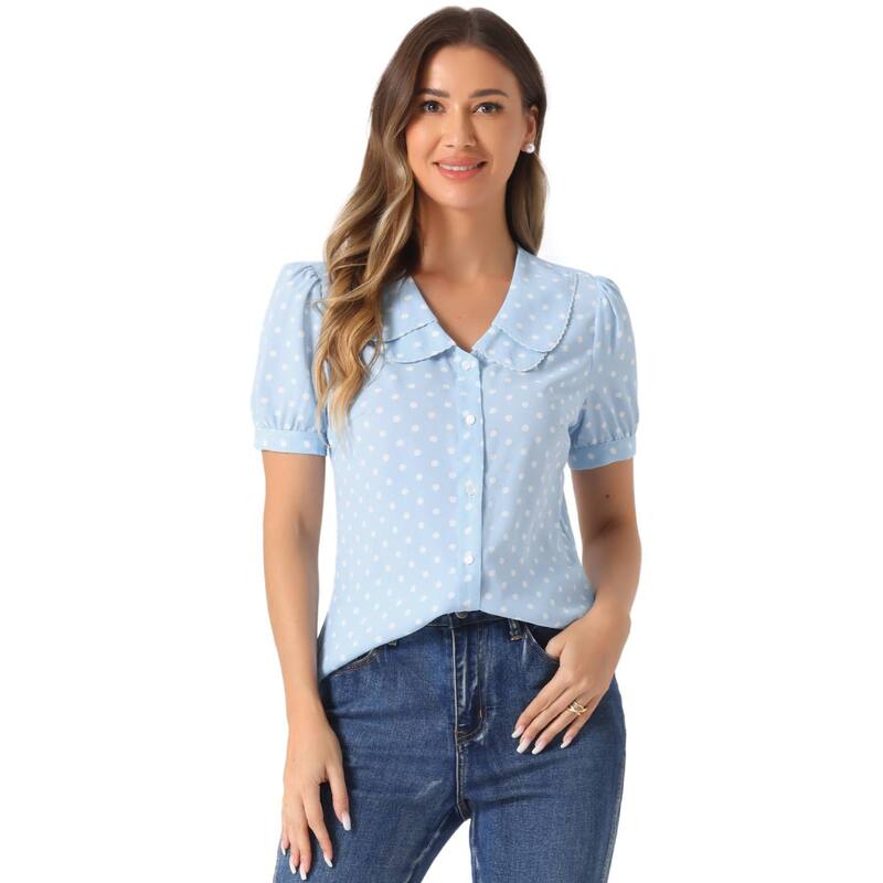 アレグラ ケー レディース トップス シャツ ドット ALLEGRA K Women's Polka Dots Peter Pan Collar Short Sleeve Summer Shirtop Light Blue ブルー 9,485円