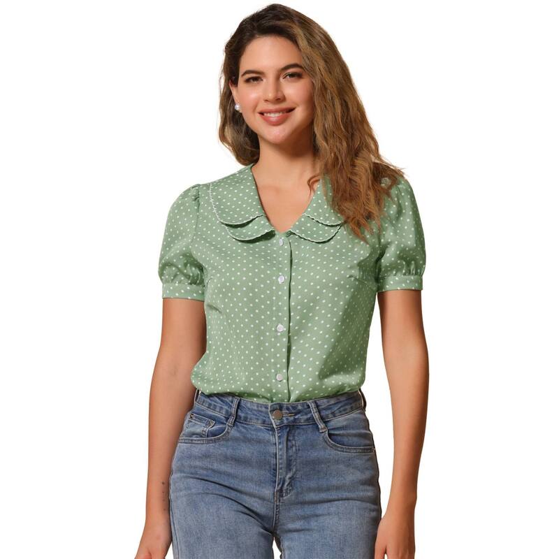 アレグラ ケー レディース トップス シャツ ドット ALLEGRA K Women's Polka Dots Peter Pan Collar Short Sleeve Summer Shirtop Light Green グリーン