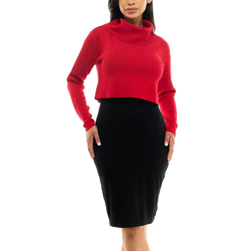 ニナレオナルド レディース トップス 衣装 スウェーター 色つや立ちはだかる Women\u0027s Nina Leonard Colorblock Cowl Neck Sweater Dress Black Red 黒いこと