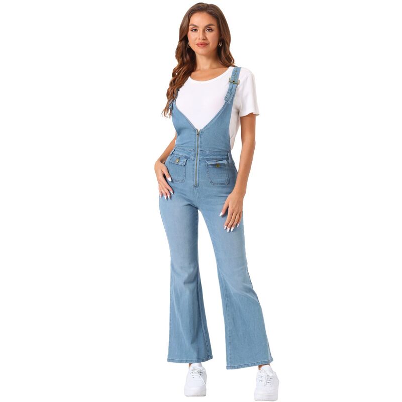 アレグラ ケー レディース トップス ワンピース Vネック パンツ オーバーオール デニム ジャンプスーツ ジーンズ ALLEGRA K Casual Denim Jumpsuits for Women's V Neck Zip Up Bell Bottom Overall Jeans Pants Light Blue ブルー