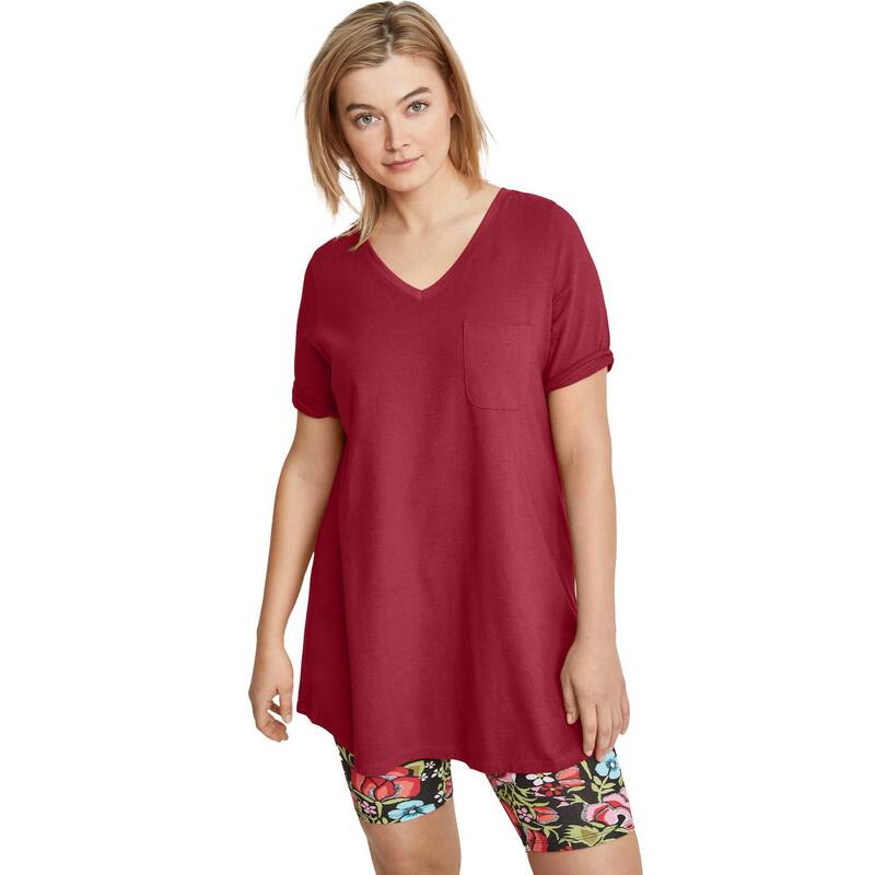 Ellos レディース トップス ティーシャツ Vのど首 付け加える大いさ 編み物 ellos Plusize Stretch Knit V-Neck Short Sleeve Chest Pocketunic Fresh Pomegranate トップス-Tシャツ・カットソー