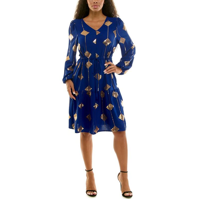 ニナレオナルド レディース トップス ワンピース バルーンスリーブ ミニ スパンコール Women's Nina Leonard Balloon Sleeve Sequin Mini Dress Deep Sapphire サファイア|ReVida 店