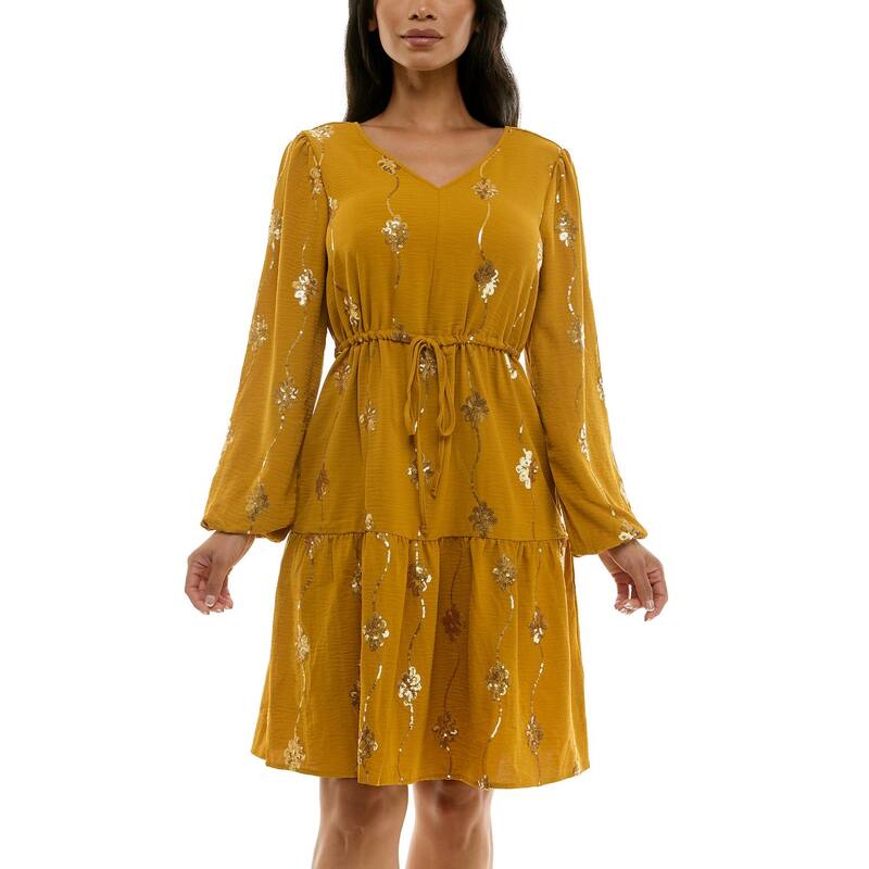 ニナレオナルド レディース トップス ワンピース バルーンスリーブ ミニ スパンコール Women's Nina Leonard Balloon Sleeve Sequin Mini Dress Gold ゴールド｜ReVida 店