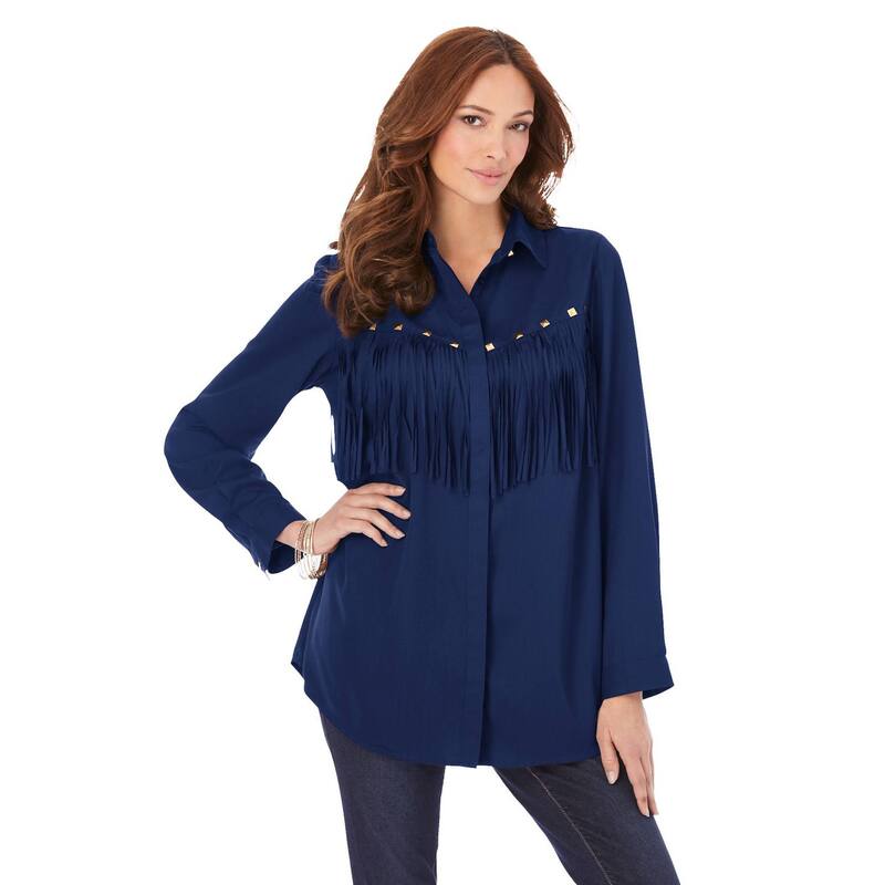 ロアマンズ レディース トップス シャツ プラスサイズ フリンジ Roaman\'s Women\'s Plusize Fringe Big Shirt Evening Blue ブルー｜ReVida 店