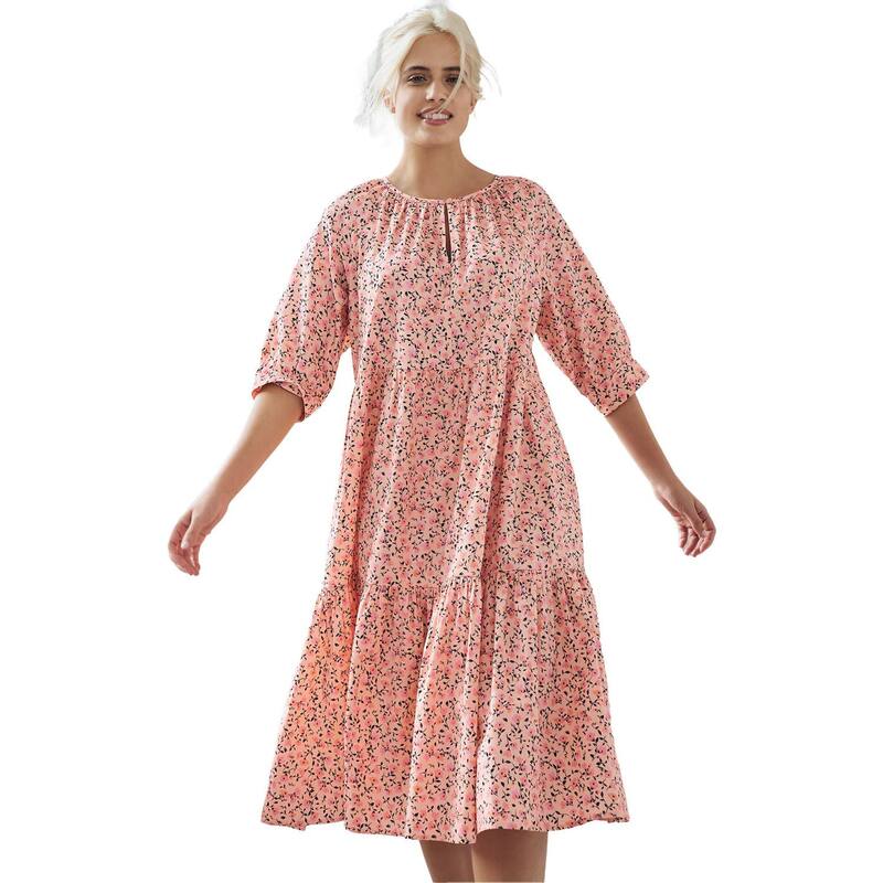 Ellos レディース トップス ワンピース ティアード プラスサイズ ミディ コットン ellos Plusize Tiered Cotton Midi Dress Peach Bud Floral ピーチ｜ReVida 店