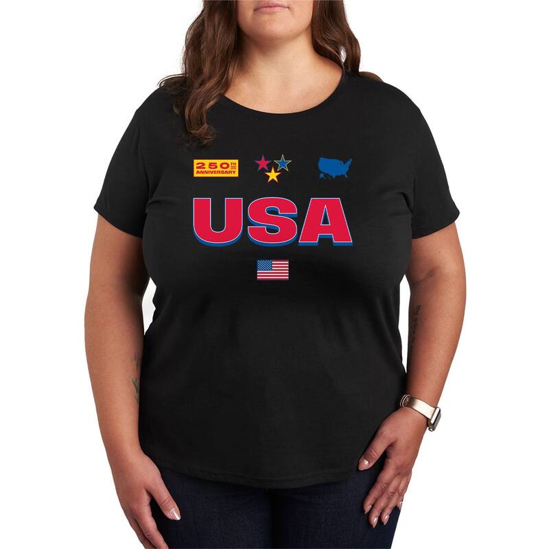 アニメキャラクター レディース トップス Tシャツ プラスサイズ ジャージー グラフィック Licensed Character Plusize USA 250th Anniversary Jersey Graphic Tee Black ブラック