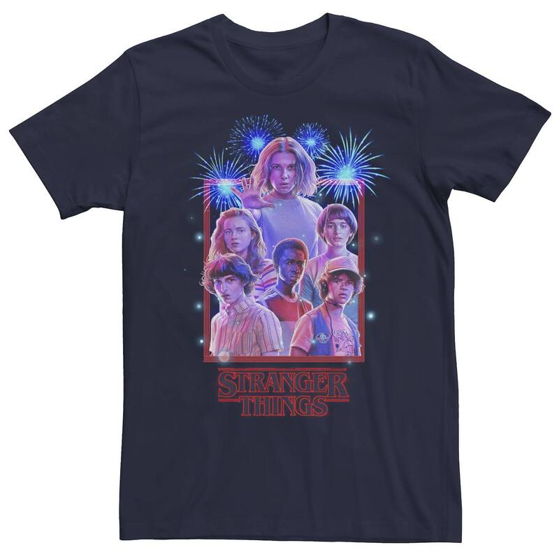 アニメキャラクター レディース トップス Tシャツ トール Licensed Character Big & Tall Netflix Stranger Things Group Shot Fireworks Poster Tee Navy ネイビー