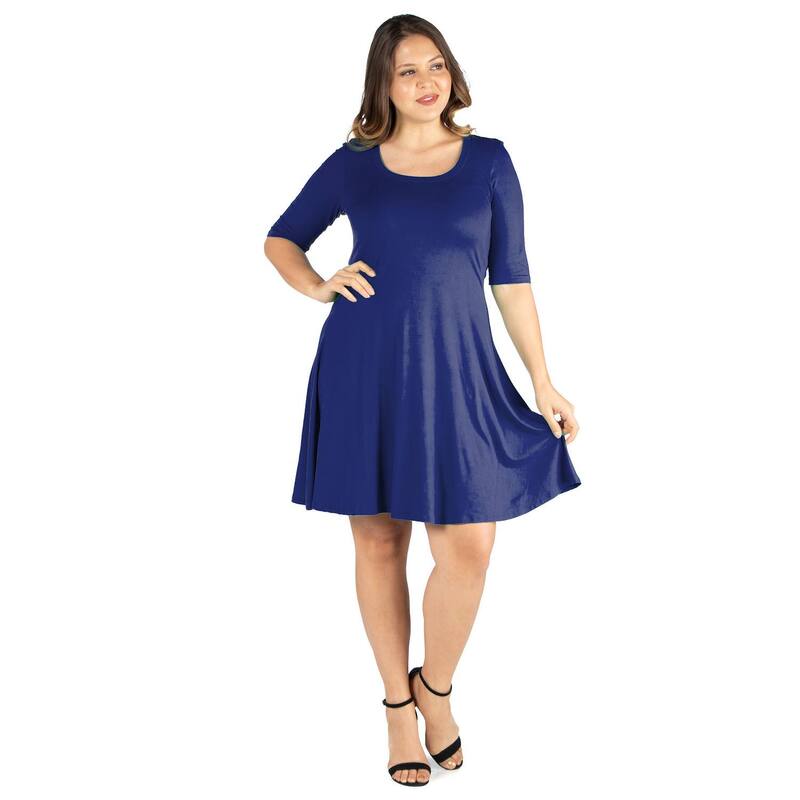 24 セブンコンフォート レディース トップス ワンピース ひざ丈 プラスサイズ Plusize 24seven Comfort Apparelbow Sleeve Knee Length Dress Blue ブルー|ReVida 店
