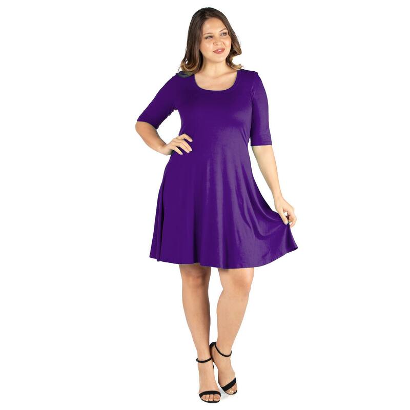 24 セブンコンフォート レディース トップス ワンピース ひざ丈 プラスサイズ Plusize 24seven Comfort Apparelbow Sleeve Knee Length Dress Purple パープル|ReVida 店