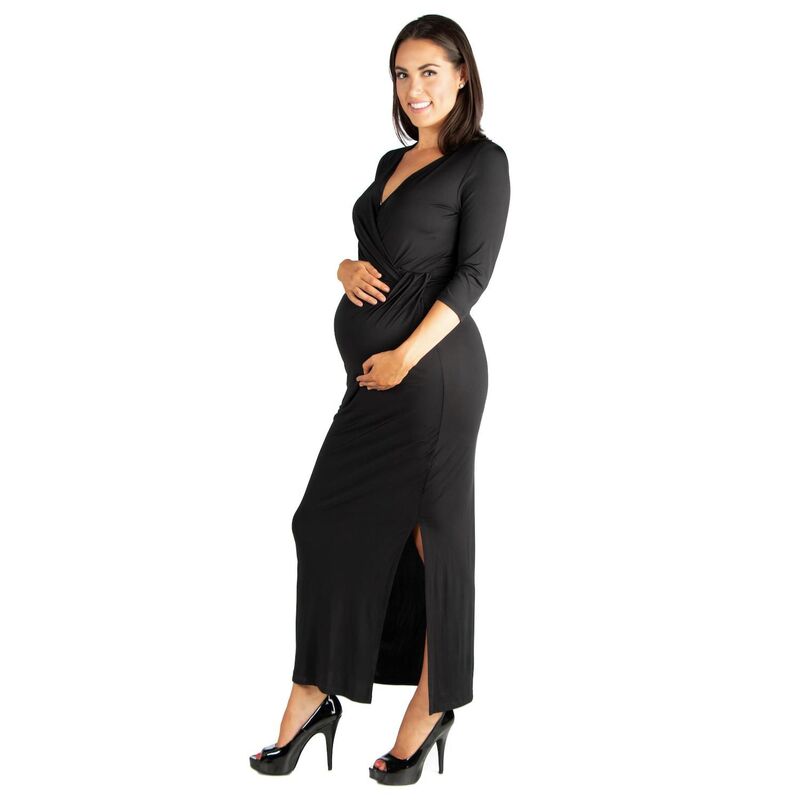 24 セブンコンフォート レディース トップス ワンピース サイドスリット Vネック マタニティ マキシ Maternity 24Seven Comfort Apparel Fitted V-Neck Side Slit Maxi Dress Black ブラック