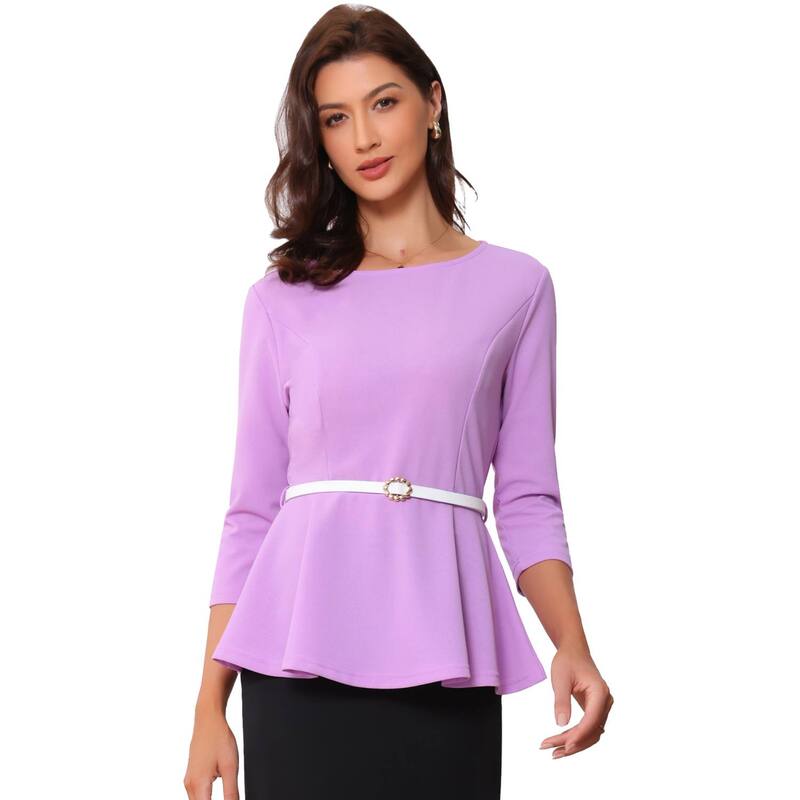 アレグラ ケー レディース トップス シャツ ブラウス ALLEGRA K Peplum Top for Women's 3/4 Sleeve Belted Elegant Business Work Blouse Light Purple パープル