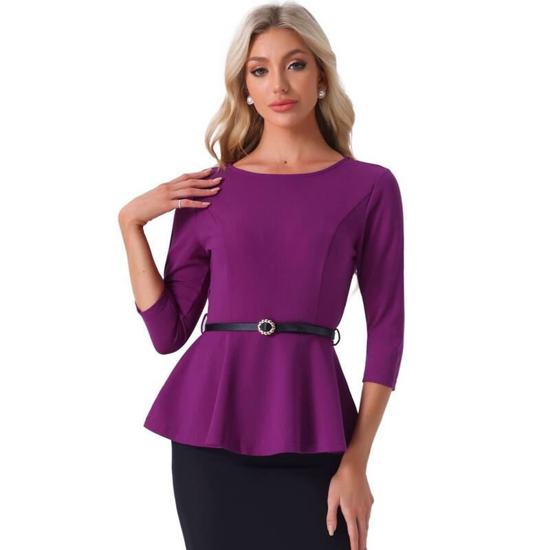 アレグラ ケー レディース トップス シャツ ブラウス ALLEGRA K Peplum Top for Women's 3/4 Sleeve Belted Elegant Business Work Blouse Purple パープル