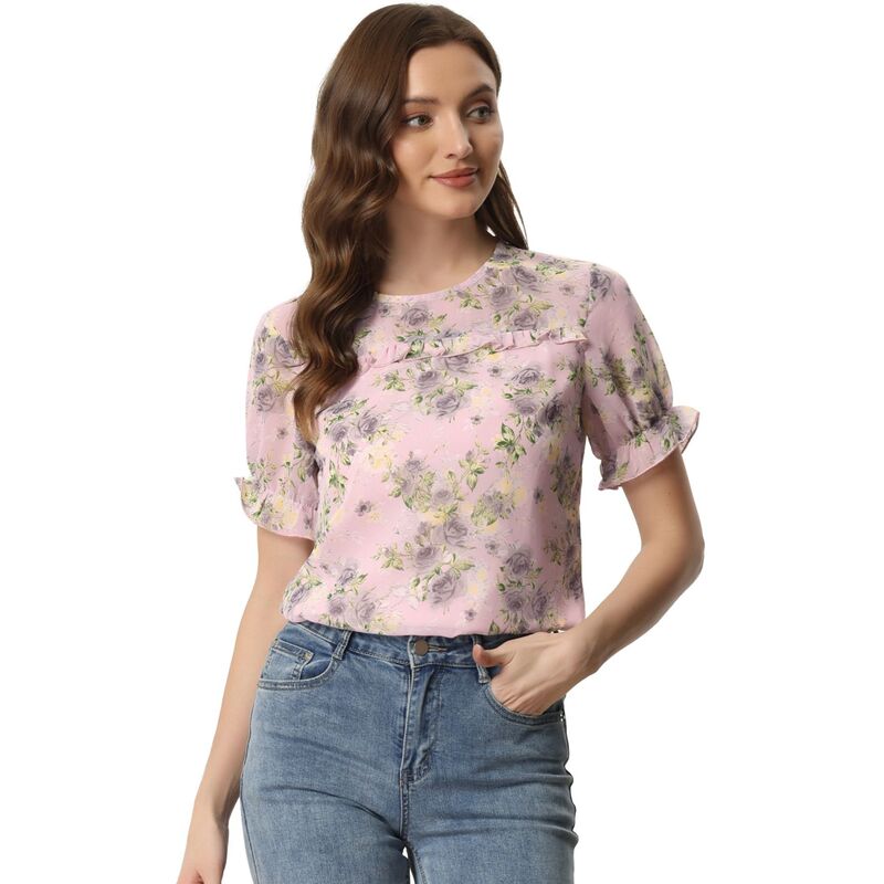 アレグラ ケー レディース トップス シャツ シフォン フラワー柄 フリル ブラウス フラワー ALLEGRA K Women's Chiffon Short Sleeve Ruffled Trim Floral Blouse Topink Grey グレー