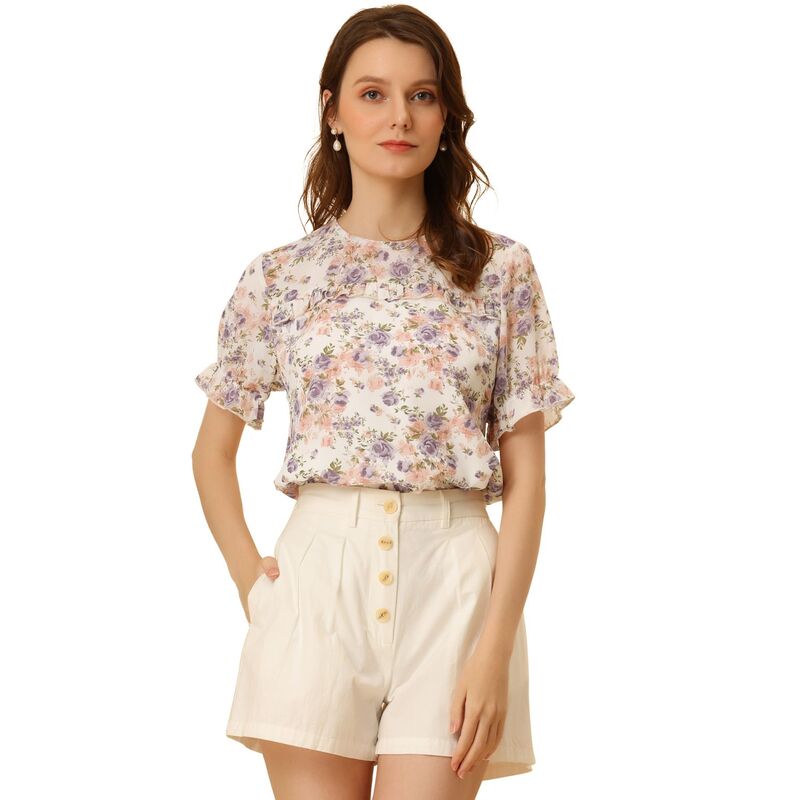 アレグラ ケー レディース トップス シャツ シフォン フラワー柄 フリル ブラウス フラワー ALLEGRA K Women's Chiffon Short Sleeve Ruffled Trim Floral Blouse Topink Purple ピンク