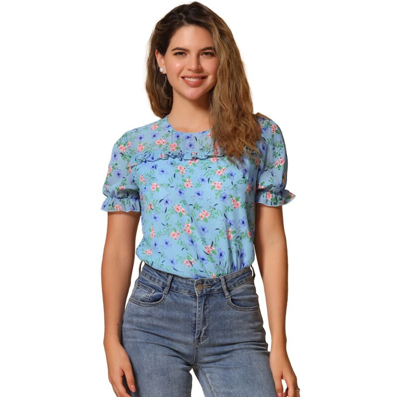 アレグラ ケー レディース トップス シャツ シフォン フラワー柄 フリル ブラウス フラワー ALLEGRA K Women's Chiffon Short Sleeve Ruffled Trim Floral Blouse Top Sky Blue ブルー
