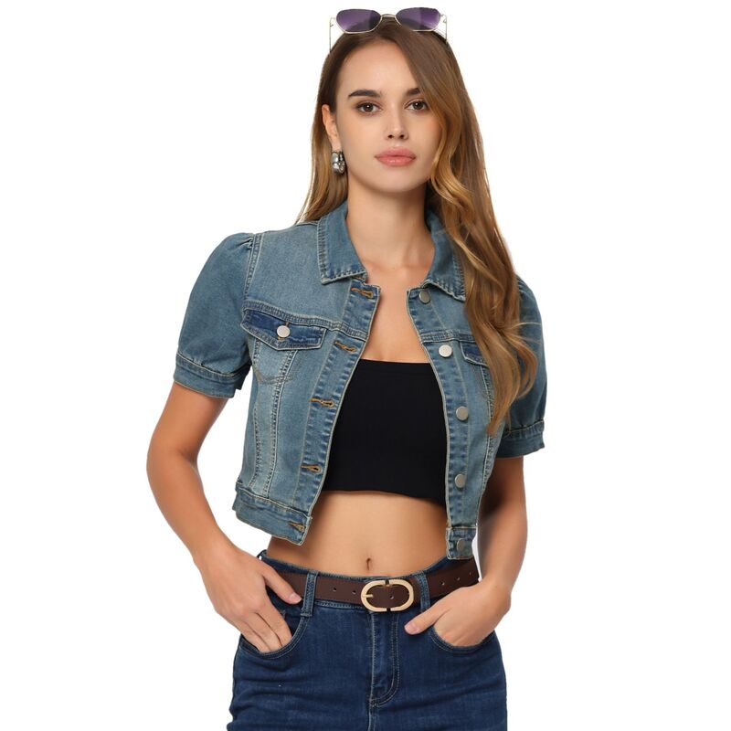 アレグラ ケー レディース アウター 上衣・上衣 名取り草落ち込む クロップド ジーンズ ALLEGRA K Women\u0027s Cropped Jacketshort Sleeve Button Down Washedenim Jean Jacket Blue 青み