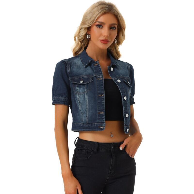 アレグラ ケー レディース アウター 上衣・上衣 名取り草落ち込む クロップド ジーンズ ALLEGRA K Women\u0027s Cropped Jacketshort Sleeve Button Down Washedenim Jean Jacket Dark Blue 青み