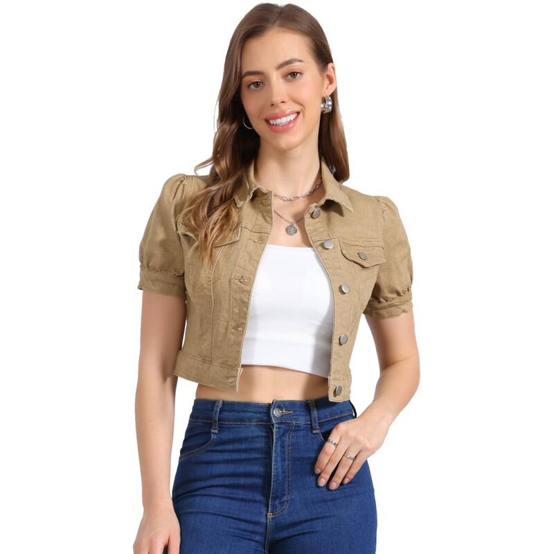 アレグラ ケー レディース アウター 上衣・上衣 名取り草落ち込む クロップド ジーンズ ALLEGRA K Women\u0027s Cropped Jacketshort Sleeve Button Down Washedenim Jean Jacket Khaki カーキ