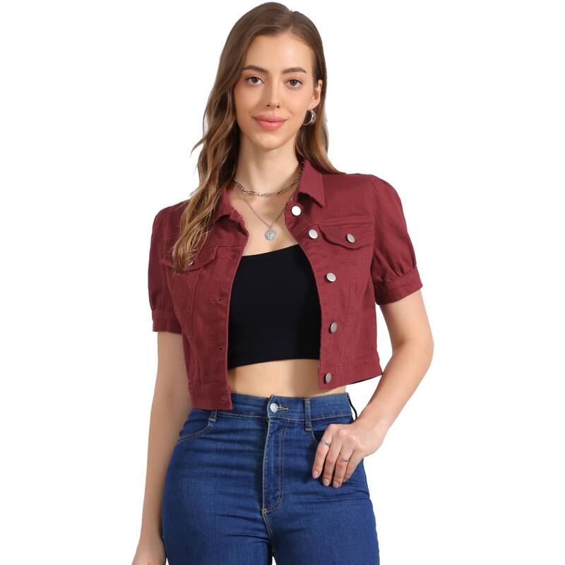 アレグラ ケー レディース アウター ジャケット・ブルゾン ボタンダウン クロップド デニム ALLEGRA K Women's Cropped Jacketshort Sleeve Button Down Washedenim Jean Jacket Wine Red レッド