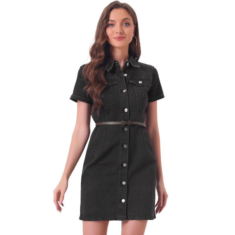 アレグラ ケー レディース トップス 衣装 プルオーバー ジーンズ ALLEGRA K Women\u0027s Denim Shirt Dress Collar Short Sleeve Belted Button Up Jean Dress Black 黒いこと