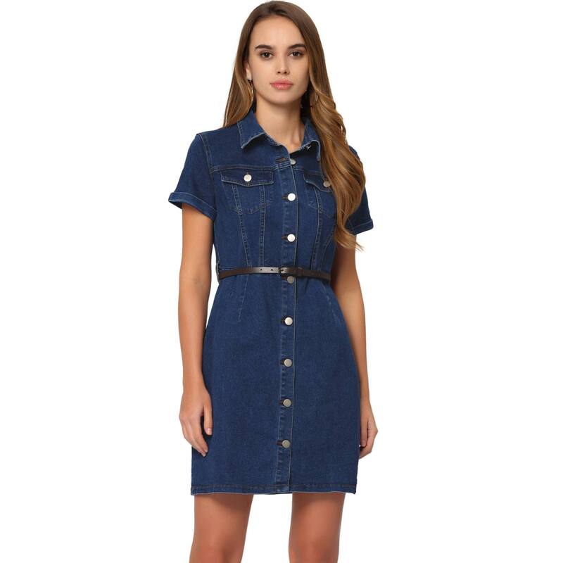 アレグラ ケー レディース トップス 衣装 プルオーバー ジーンズ ALLEGRA K Women\u0027s Denim Shirt Dress Collar Short Sleeve Belted Button Up Jean Dress Blue 青み