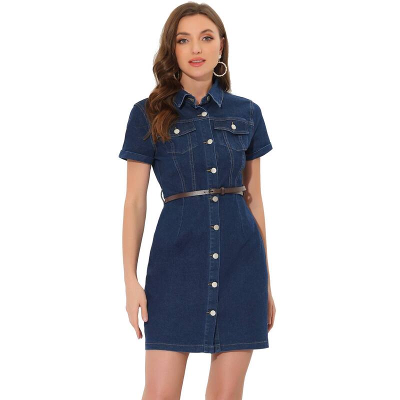 アレグラ ケー レディース トップス 衣装 プルオーバー ジーンズ ALLEGRA K Women\u0027s Denim Shirt Dress Collar Short Sleeve Belted Button Up Jean Dress Dark Blue 青み