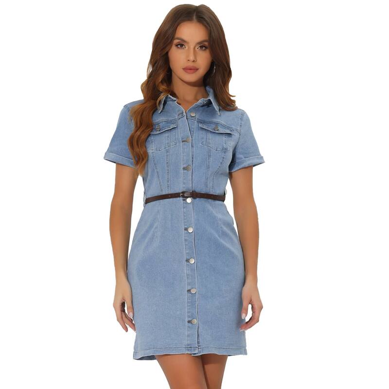 アレグラ ケー レディース トップス 衣装 プルオーバー ジーンズ ALLEGRA K Women\u0027s Denim Shirt Dress Collar Short Sleeve Belted Button Up Jean Dress Light Blue 青み