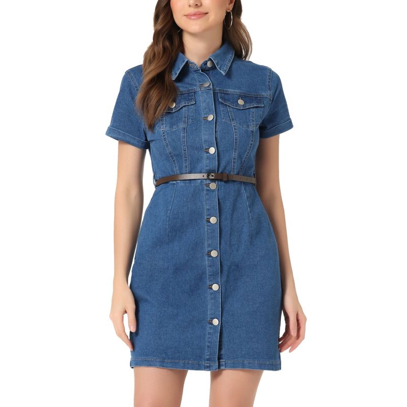 アレグラ ケー レディース トップス 衣装 プルオーバー ジーンズ ALLEGRA K Women\u0027s Denim Shirt Dress Collar Short Sleeve Belted Button Up Jean Dress M Blue 青み
