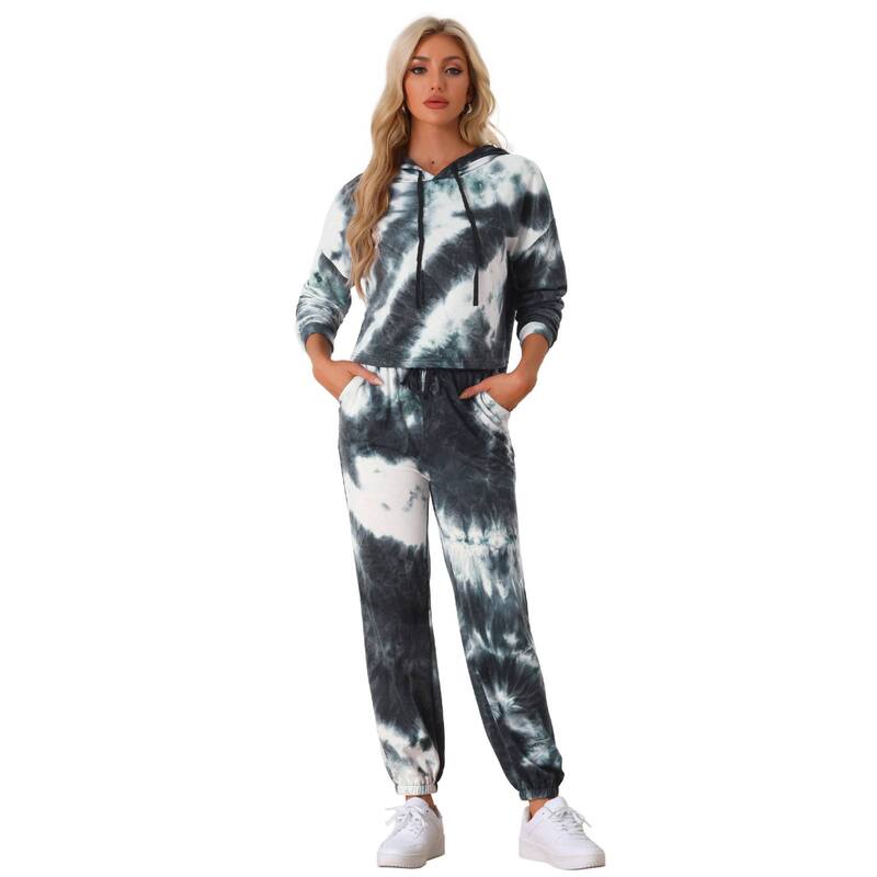 アレグラ ケー レディース トップス Tシャツ トラックスーツ パーカー ALLEGRA K Women's 2 Piece Sweatsuits Tie Dye Pullover Hoodie Drawstring Tracksuit Sports Outfit Black ブラック