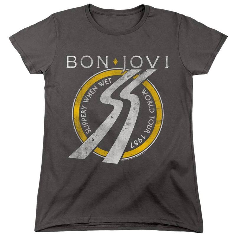 アニメキャラクター レディース トップス Tシャツ Licensed Character Bon Jovi Slippery When Wet World Tour Short Sleeve Women ´ s Tee Charcoal チャコール|ReVida 店