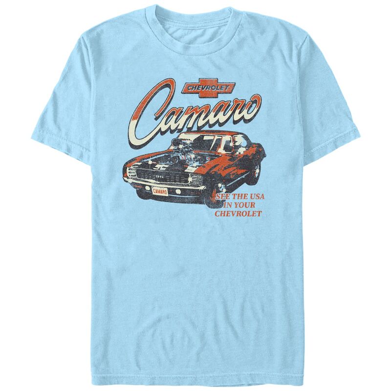 アニメキャラクター レディース トップス Tシャツ グラフィック Licensed Character Men's Chevrolet Camaro See The USA Graphic Tee Light Blue ブルー