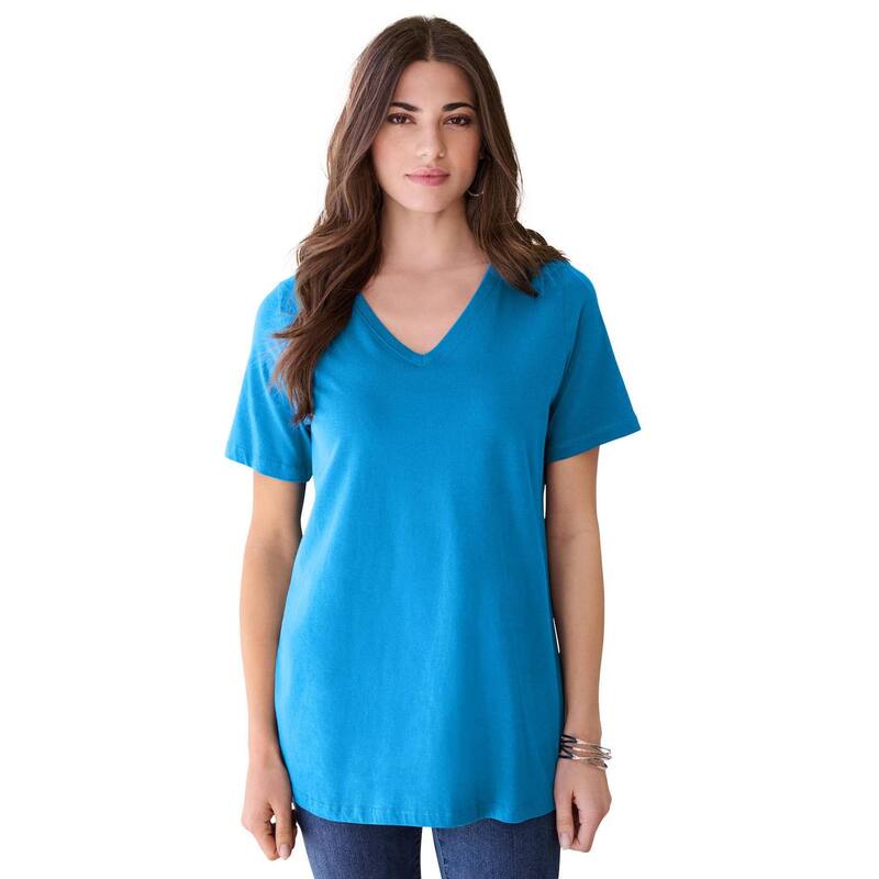 ロアマンズ レディース トップス Tシャツ Vネック プラスサイズ コットン Roaman's Women's Plusize Cotton Ultimate V-Neck Tee Iris Blue ブルー｜ReVida 店