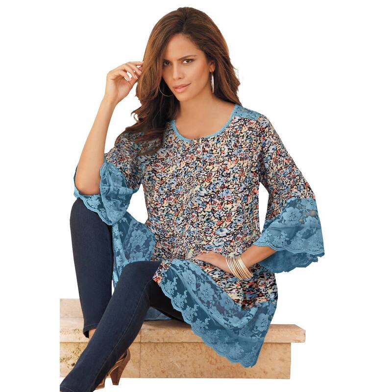 ロアマンズ レディース トップス Tシャツ プラスサイズ ブラウス レース Roaman's Women's Plusize Lace Illusion Blouse Blue Print ブルー|ReVida 店
