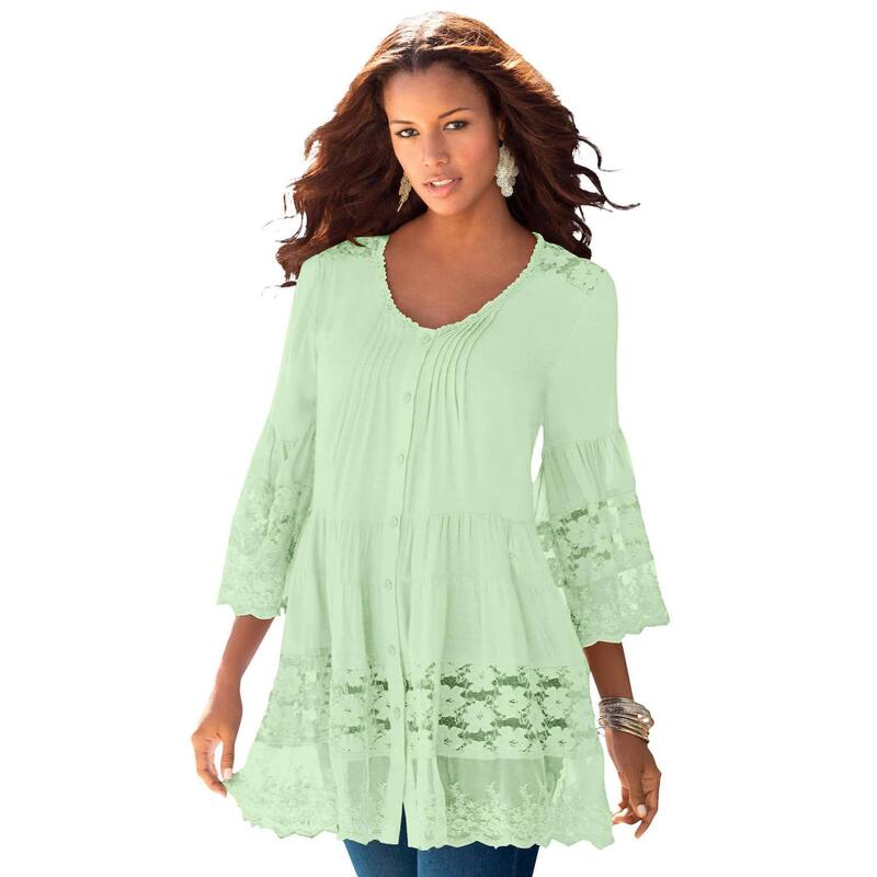 ロアマンズ レディース トップス Tシャツ プラスサイズ ブラウス レース Roaman's Women's Plusize Lace Illusion Blouse Green Mint グリーン