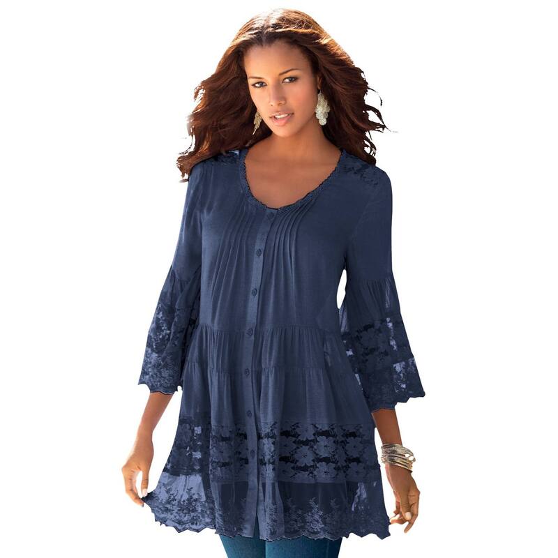 ロアマンズ レディース トップス Tシャツ プラスサイズ ブラウス レース Roaman's Women's Plusize Lace Illusion Blouse Navy ネイビー|ReVida 店