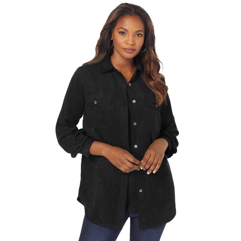 ロアマンズ レディース トップス シャツ プラスサイズ スエード Roaman Women Plusize Faux Suede Button-Front Shirt Black ブラック