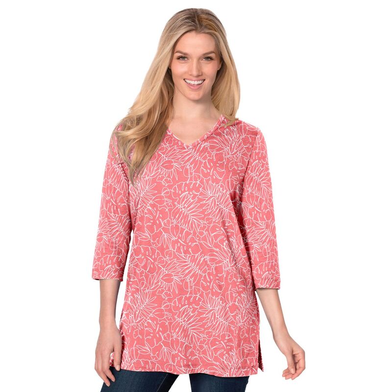 ウーマン ウィズイン レディース トップス Tシャツ Vネック プラスサイズ プリント Woman Within Plusize Perfect Printed Three-Quarter-Sleeve V-Neck Tunic Sweet Coral Palm コーラル 7,300円