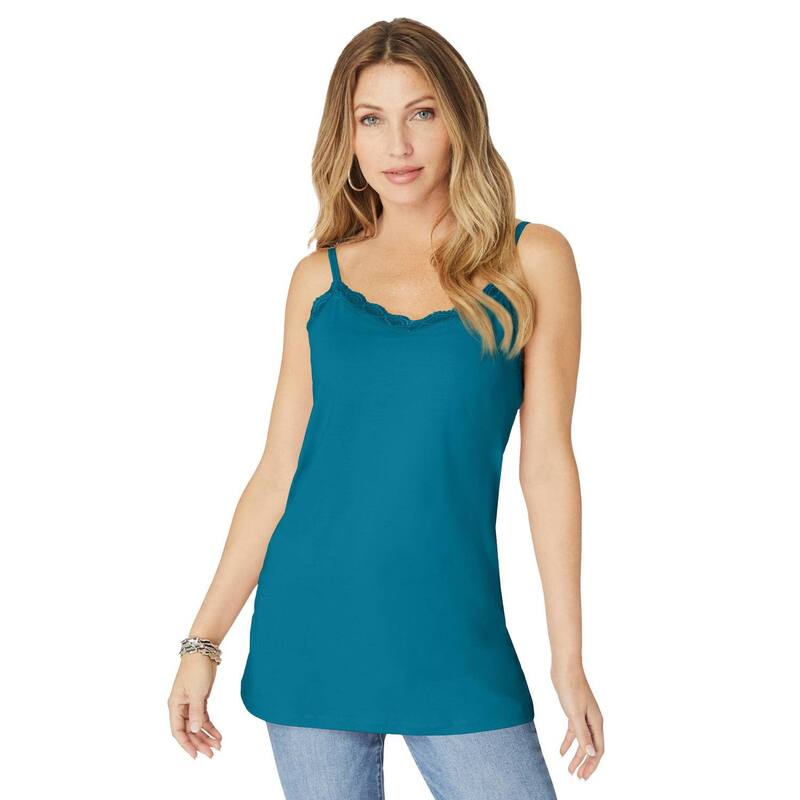 ロアマンズ レディース トップス Tシャツ レーストリム プラスサイズ レース Roaman's Women's Plusize Lace Trim Bra Cami Deep Teal ティール