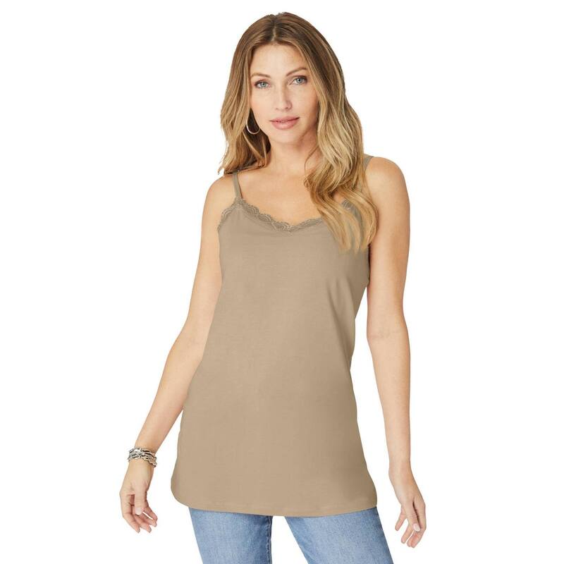 ロアマンズ レディース トップス Tシャツ レーストリム プラスサイズ レース Roaman's Women's Plusize Lace Trim Bra Cami Sandy Beige ベージュ｜ReVida 店