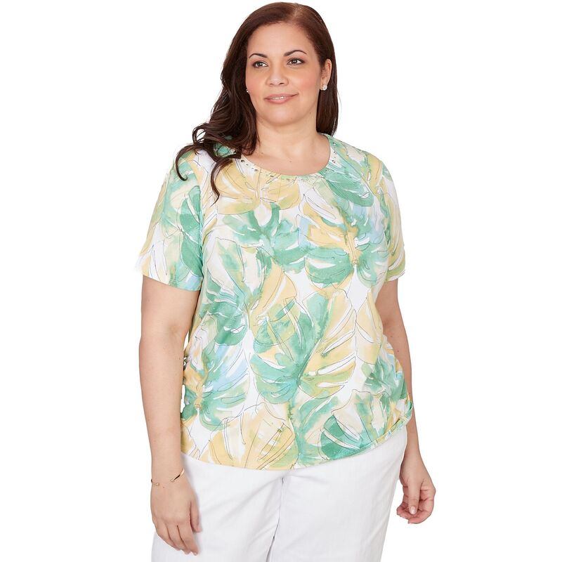 アルフレッド ダナー レディース トップス Tシャツ プラスサイズ ギャザー Plusize Alfredunner Tropicaleaf Beaded Neck Ruched T-Shirt Pastel