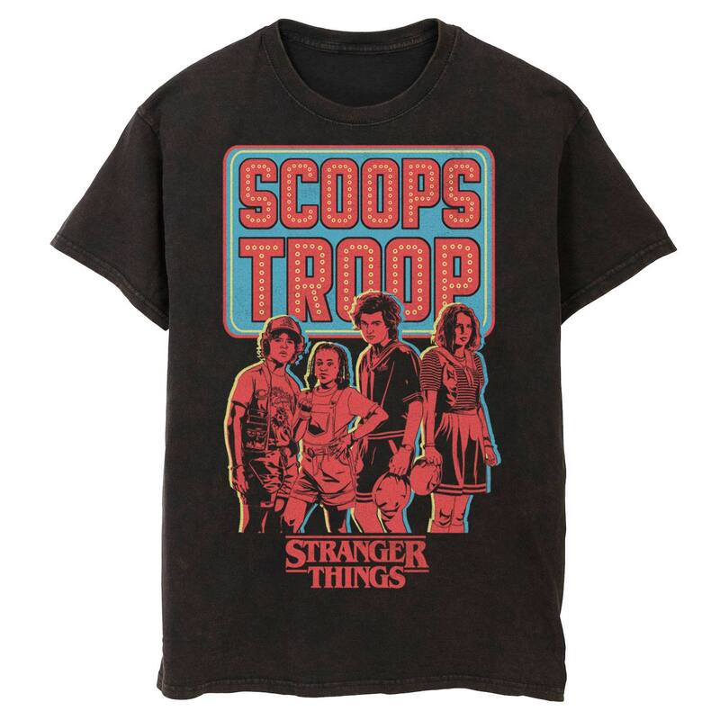 アニメキャラクター レディース トップス Tシャツ グラフィック Licensed Character Men'stranger Thingscoops Troop Mineral Wash Graphic Tee Black ブラック