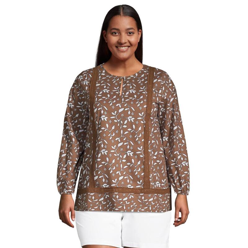 ランズエンド レディース トップス Tシャツ プラスサイズ Plusize Lands' End Poplin Splitneck Tunic Top Allspice Floraleaf