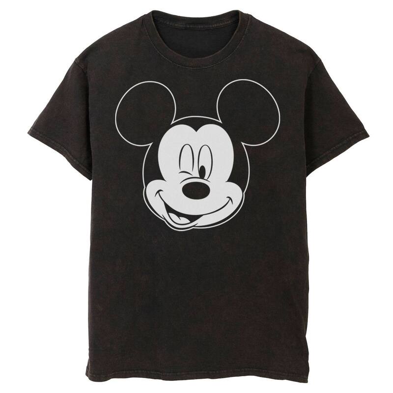 アニメキャラクター レディース トップス Tシャツ Licensed Character Men's Disney Mickey Mouse Large White Outline Winking Face Bomabrd Wash Tee Black ブラック